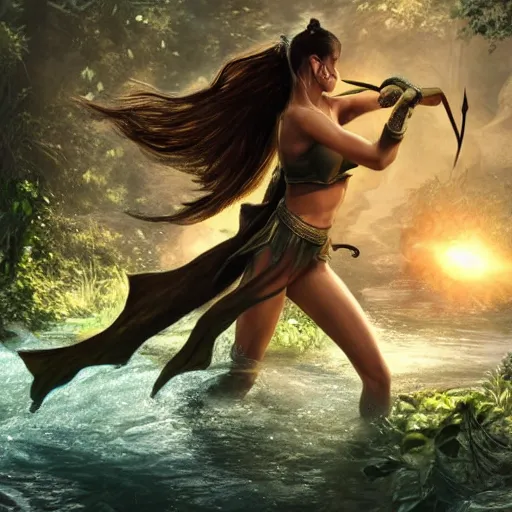 Image similar to Epic picture of a female faladin fighting a hydra near a jungle pond, hyper realistic, photo realistic, dynamic lighting, HDR, 4k, high detail, volumetric lighting, lens flare, trending at Artstation