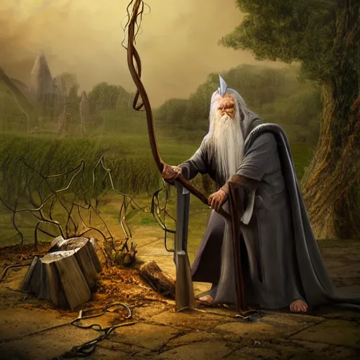 Prompt: the evil ian mckellen smithing on an anvil as gandalf in a dark viking hood playing odin all father crafting the plant of life with vines on an anvil, highly detailed, cinematic shot, cinematic lighting, 8 k, exquisit facial detail, magical realism painting, chiaroscuro, dark painting.