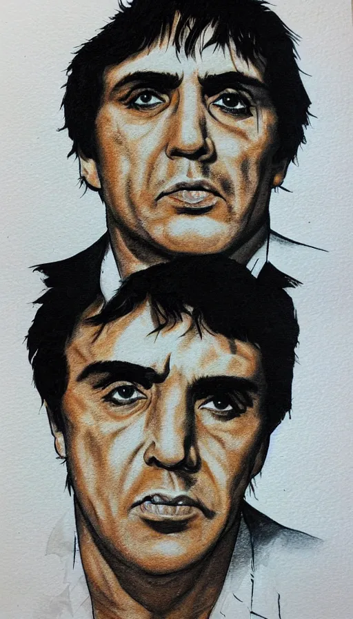 Image similar to close upt. cogerent eyes. detailed face. tony montana from movie scarface. color ink paint