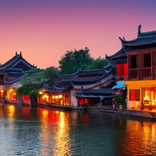 Image similar to beautiful and peaceful ancient water town in the south of china, zhouzhuang ancient town, movie style, warm color to move, boats, evening lanterns, the glow of the sunset on the water, lanterns in the sky at night, highly detailed, 4 k