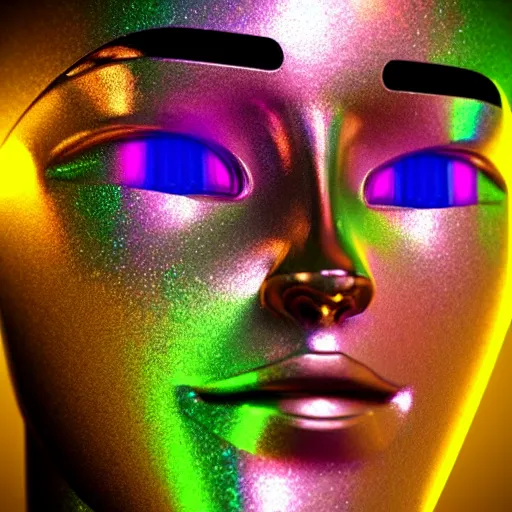 Image similar to 3d render of holographic human robotic head made of glossy iridescent, surrealistic 3d illustration of a human face non-binary, non binary model, 3d model human, cryengine, made of holographic texture, holographic material, holographic rainbow, concept of cyborg and artificial intelligence