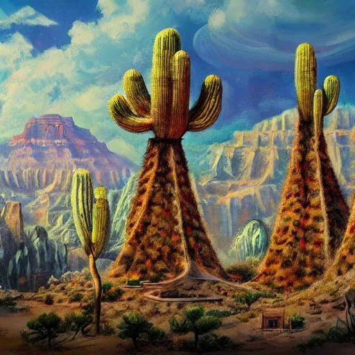 Prompt: desert city with treehouses in giant cactus overlooking the grand canyon with larged ringed plant rising in sky detailed magical realism sci fi painting