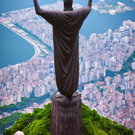 Image similar to high quality portrait of a monkey in front of Christ The Redeemer, studio photograph, photograph, realistic photo, 8k photo, 4k photo, stock photo, high resolution, cinematic shot, high detail