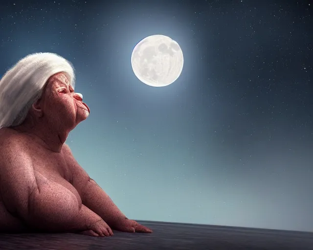 Image similar to of a very beautiful scene. ambient occlusion render. a sweet fat old woman is giving birth to the moon. hyper realistic. 4 k. wide angle. wild. symmetrical face, red mouth, blue eyes. deep focus, lovely scene. ambient occlusion render. concept art. unreal engine.