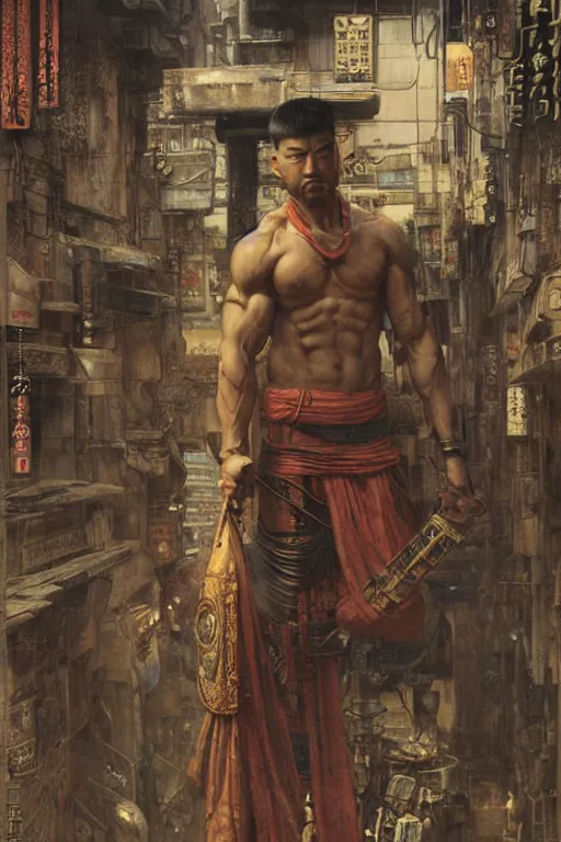 Image similar to cyberpunk ancient japanese city, orientalist intricate portrait of a muscular man by john william waterhouse and edwin longsden long and theodore ralli and nasreddine dinet, hyper realism, dramatic lighting