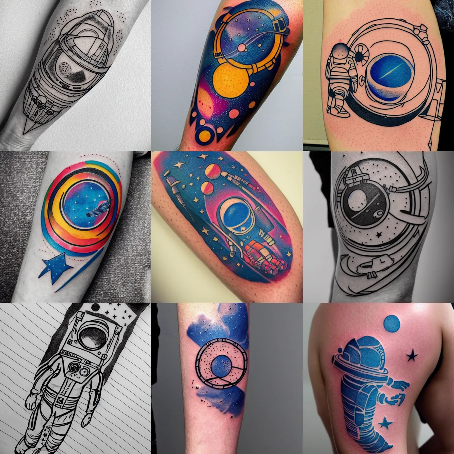 Prompt: astronaut space tattoo, line drawing, minimalistic, geometric, colourful