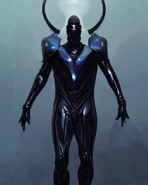 Image similar to iridescent sinewy smooth muscular male sleek glossy black pearlescent futuristic armor with smooth black featureless helmet, by greg rutkowski, mark brookes, jim burns, tom bagshaw, magali villeneuve, eve ventrue, trending on artstation