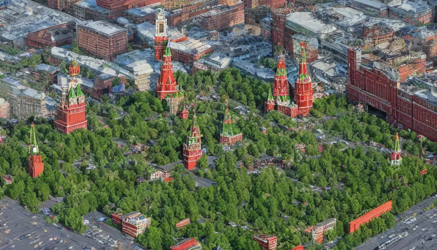 Prompt: Moscow's Red Square destroyed, abandoned and overgrown with plants, filled with mutant monsters, low angle view, hyperdetailed, artstation, 8k