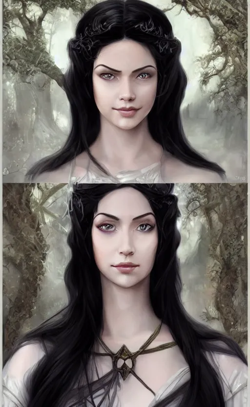 Image similar to luthien, princess of doriath, fairest maiden to have ever lived, stunningly beautiful, black hair, elven, portrait, artstation, wonderful lighning