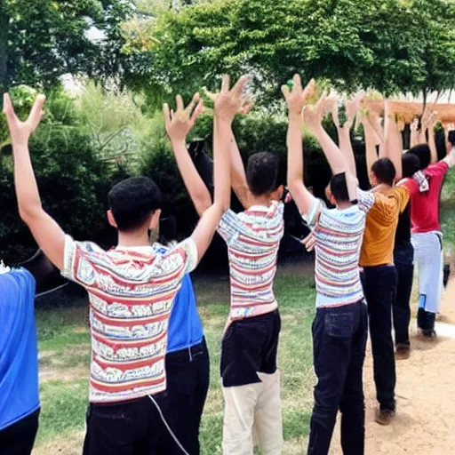 Image similar to beautiful boys, human chain join from the back and front