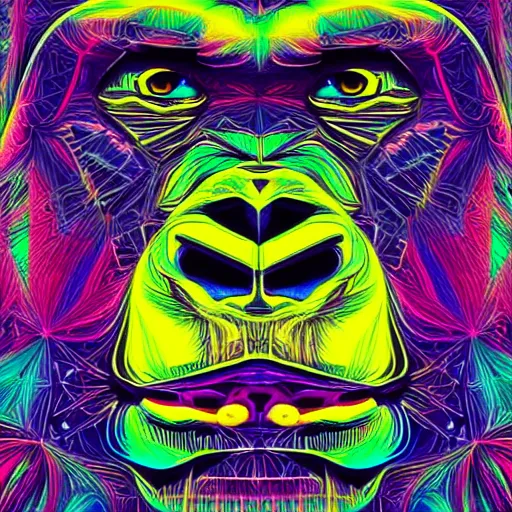 Image similar to a psychedelic neon technicolor portrait illustration of a gorilla in geometric kaleidoscopic colors trending on artstation 4 k intricate extremely detailed digital art