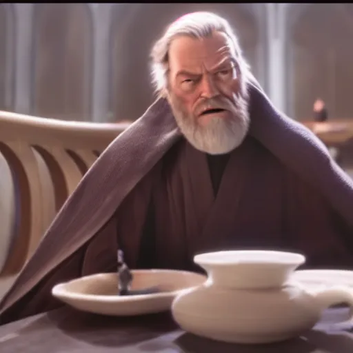 Image similar to Obi Wan! sits at a table with Palpatine! and Drinks tea. Screenshot from Movie, Movie Still, 8k, High Resolution, Highly Detailed