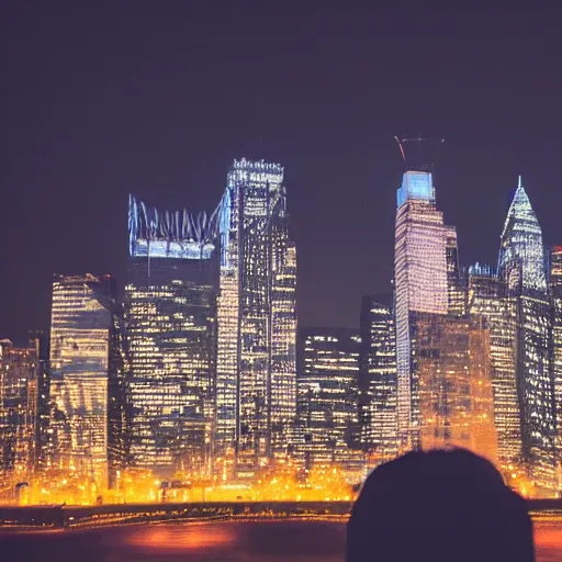 Image similar to a still of Robin Williams. Shallow depth of field. City at night in background, lights, colors ,studio lighting, mood, 4K. Profession photography