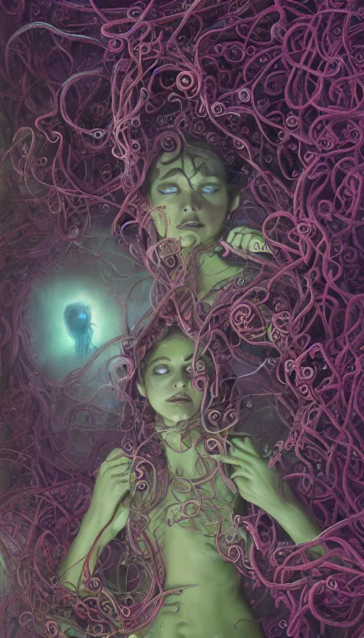 Image similar to very detailed portrait of a 2 0 years old girl surrounded by tentacles, the youg woman visage is blooming from fractal and vines, by paul lehr,