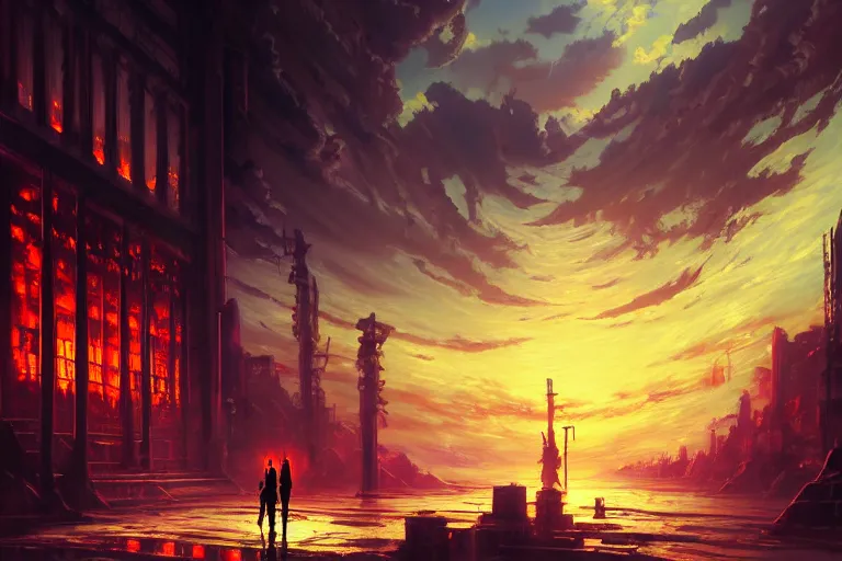 Image similar to baroque oil painting of anime key visual environment concept art of the gates of hell in the middle of a cyberpunk city, brutalist, dark fantasy, rule of thirds, digital cel shading, fake hidden detail, trending on pixiv fanbox, acrylic palette knife and brush, style of makoto shinkai studio ghibli jamie wyeth james gilleard greg rutkowski