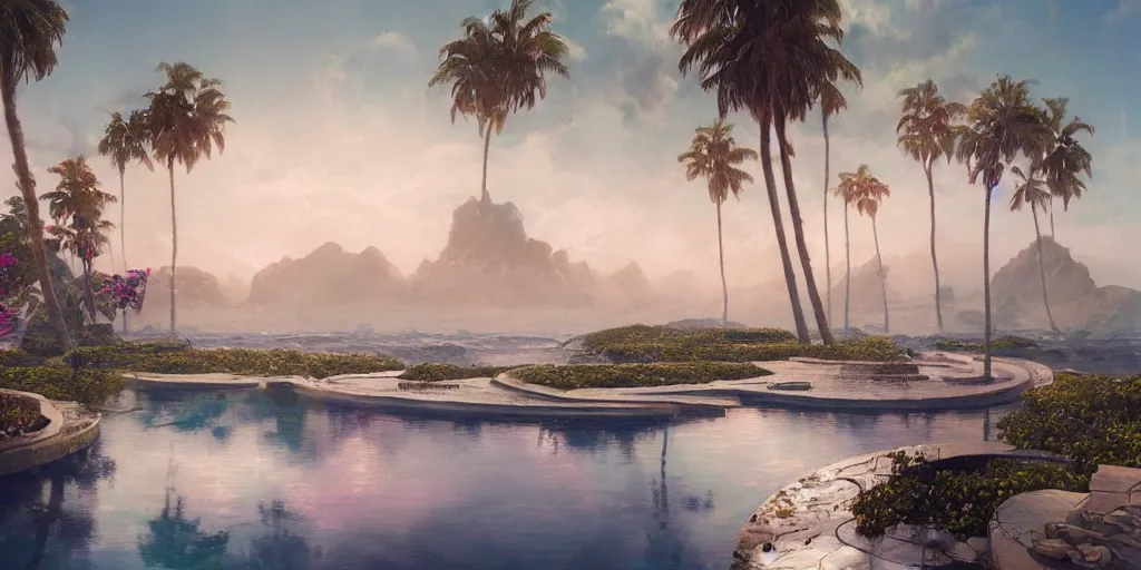 Image similar to greg rutkowski masterpiece, hyperrealistic surrealism, award winning masterpiece with incredible details, epic stunning, infinity pool, a surreal vaporwave liminal space, highly detailed, trending on ArtStation, calming, meditative, pink arches, flowing silk sheets, palm trees, very vaporwave, very very surreal, sharp details, dreamscape