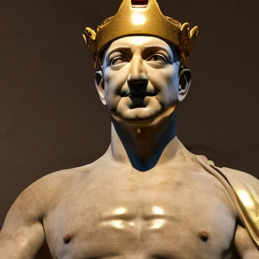 Prompt: portrait of jeff bezos in the form of a giant greek statue in marble, with a gold crown, baroque elements in the background, museum. intricate artwork by michelangelo. photorealistic. ultra detailed. flash. octane render. cinematic. 4 k bokeh.