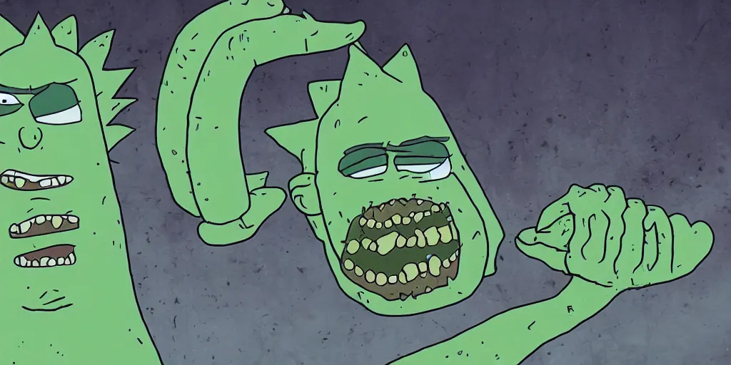 Image similar to Pickle Rick Sanchez after transforming into a pickle, terrified as his new body slowly breaks down into green goo