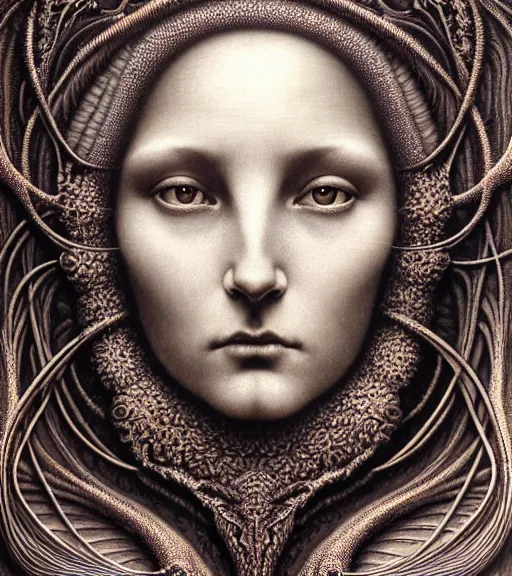 Image similar to detailed realistic beautiful dark goddess face portrait by jean delville, gustave dore, iris van herpen and marco mazzoni, art forms of nature by ernst haeckel, art nouveau, symbolist, visionary, gothic, neo - gothic, pre - raphaelite, fractal lace, intricate alien botanicals, ai biodiversity, surreality, hyperdetailed ultrasharp octane render