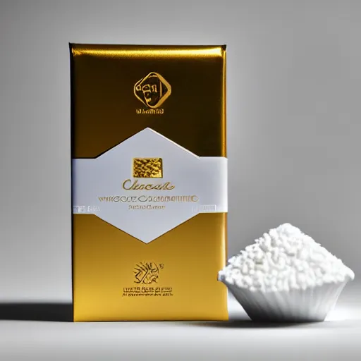 Image similar to white and gold chocolate packaging, ultrarealistic, smooth, sharp focus, great light,