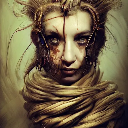 Image similar to portrait of a Shibari rope wrapped face and neck, headshot, insanely nice professional hair style, dramatic hair color, digital painting, of a old 17th century, old cyborg merchant, amber jewels, baroque, ornate clothing, scifi, realistic, hyperdetailed, chiaroscuro, concept art, art by Franz Hals and Jon Foster and Ayami Kojima and Amano and Karol Bak,