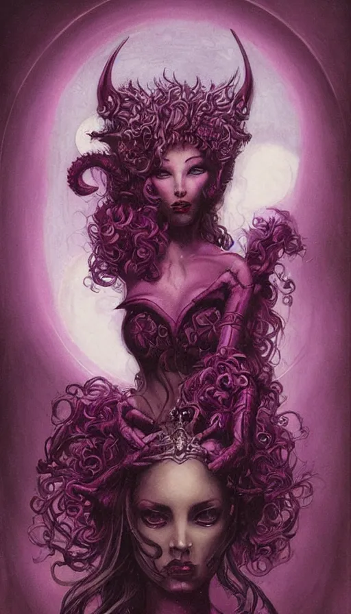 Image similar to portrait of princess of the dreamlands and moon beast, beautiful! coherent! by brom, deep colors, red maroon purple pink black, strong lines, rule of thirds