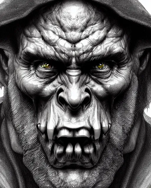 Image similar to orc, hyper realism, fine details, deviantart artstation, extremely detailed, black and white, very sharp, in the style of albrecht durer