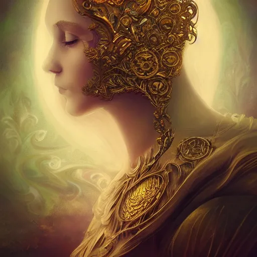 Prompt: human portrait, ethereal, face, crystal, intrincate, cgsociety, devianart, ornate, maximalist, fine art, golden details, carved, tarot card enviroment, rococo, baroco, fractal backgroud