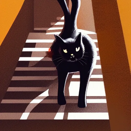 Image similar to wide shot of black cat walking down the stairs, outdoor, daytime, long shadows, highly detailed, warm colors, artstation, concept art, sharp focus, illustration, masterpiece