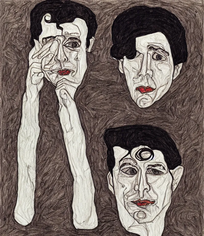 Prompt: a line art portrait of singer leonard cohen, inspired by the work of egon schiele.