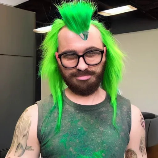 Prompt: photo of chuckchi man with green mohawk hair