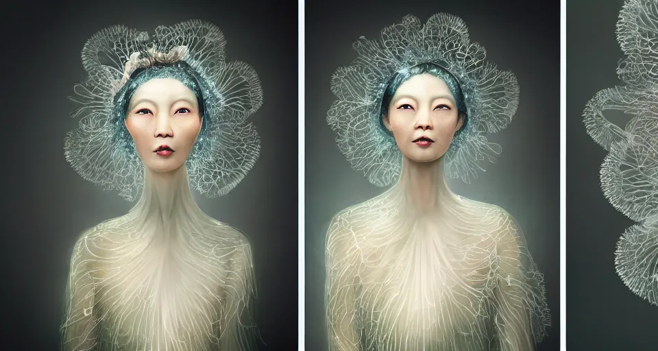 Image similar to closeup shot of asian female wearing a luminous soft fragile jelly fish dress, symmetrical face, by ray caesar, by louise dahl wolfe, by andrea kowch, by anna claren, surreal photography