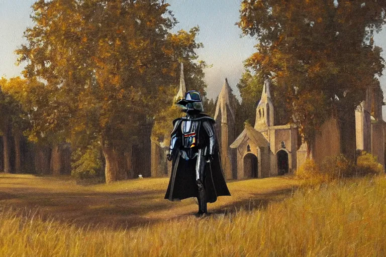 Image similar to a detailed oil painting of darth vader leaving a medieval church,, english, churchyard, trees, golden hour