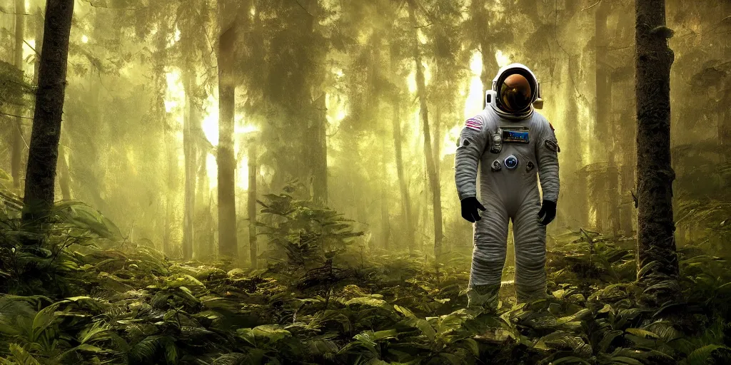 Image similar to american astronaut in the forest, plants environment, wide angle, cinematic lighting, atmospheric, realistic, octane render, highly detailed, in the style of craig mullins