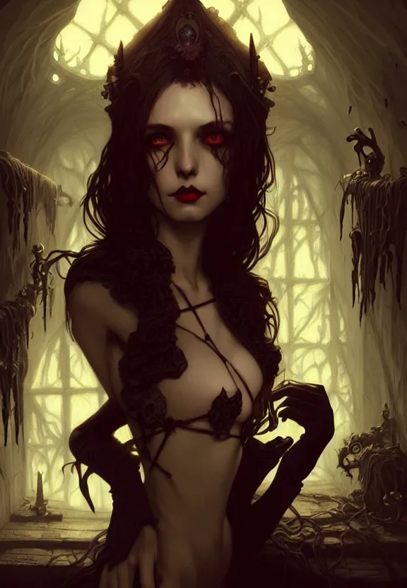 Image similar to Attractive necromancer mistress at a spooky old attic, fantasy magic, dark pin-up style hair, dark light night, intricate, elegant, sharp focus, illustration, highly detailed, digital painting, concept art, matte, art by WLOP and Artgerm and Greg Rutkowski and Alphonse Mucha, masterpiece