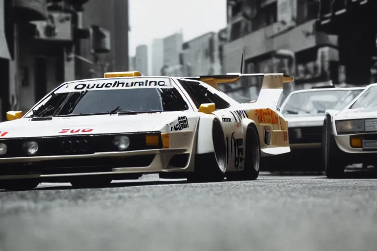 Image similar to single racecar 1 9 7 8 audi quattro, bmw m 1, movie still, vintage footage on tokyo streets, volumetric lighting, f 8 aperture, cinematic eastman 5 3 8 4 film