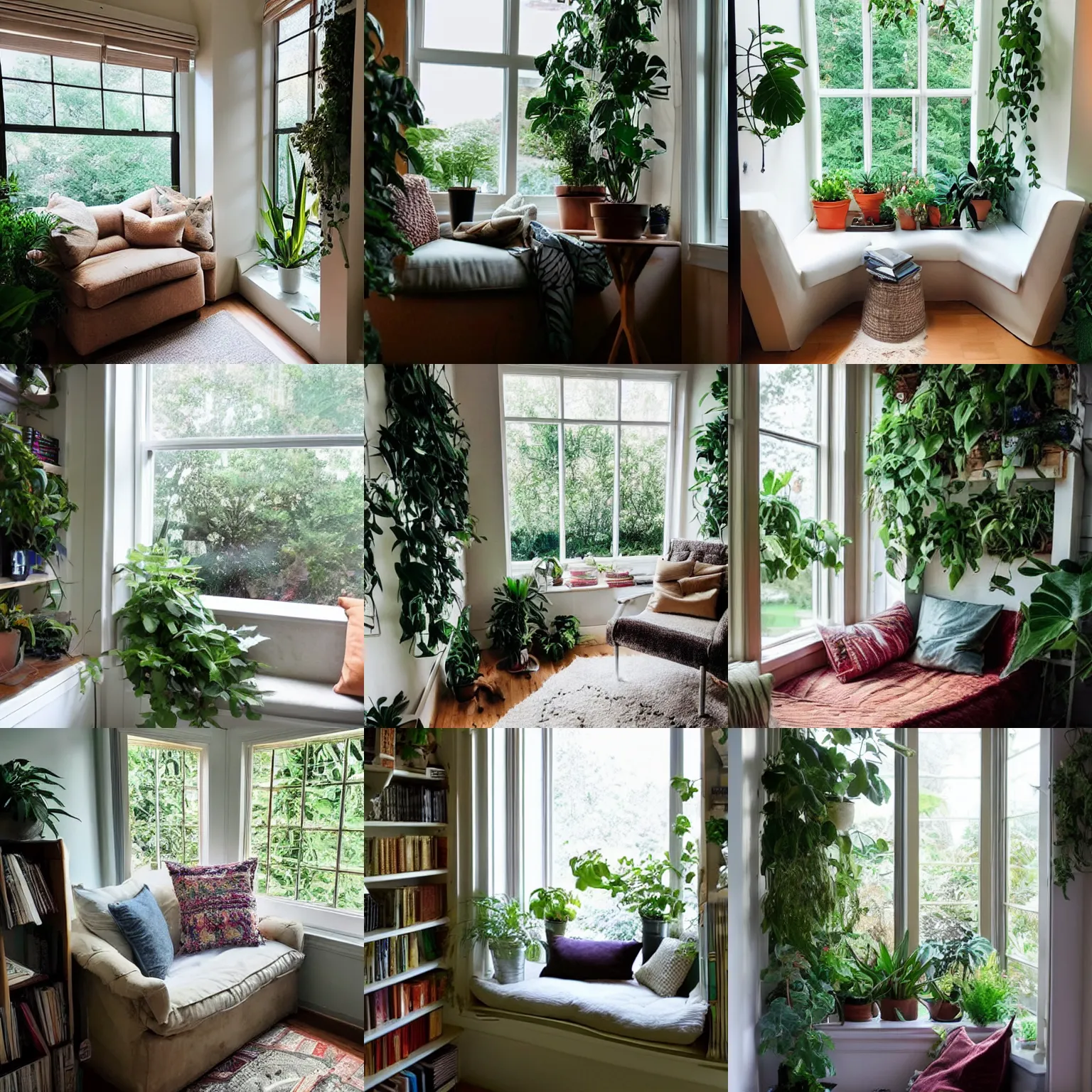 Prompt: a photo of a cozy reading nook by the window, full of plants