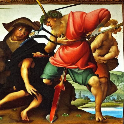 Prompt: simple renaissance painting of a goblin being slain by a sword, colorful