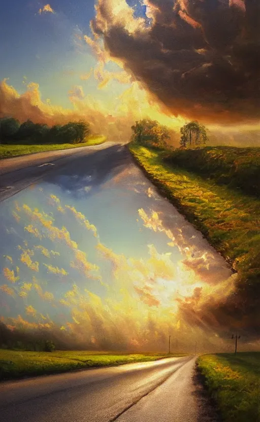 Image similar to paperback book cover. oil painting. pure colors, melting clouds, accurately drawn details, a sunburst above a receding road with the light reflected in furrows and ruts, after rain. photorealistic. octane render. cinematic. trending on artstation. textless.