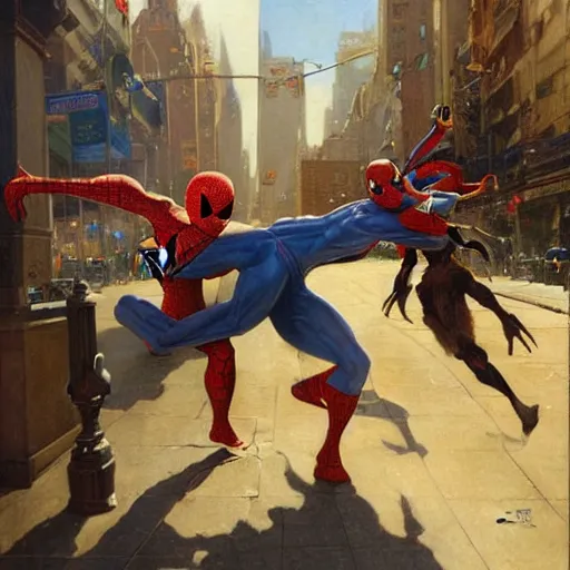 Image similar to a giant kangaroo fighting a giant spiderman on the streets of sydney by gaston bussiere, craig mullins, j. c. leyendecker