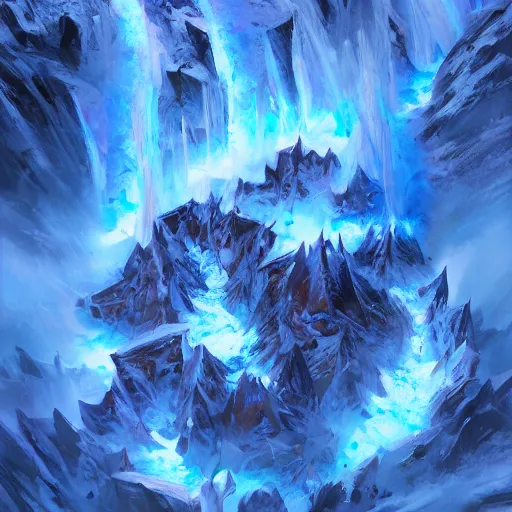 Prompt: blue glacier volcano eruption, blue glacier volcano eruption, blue liquid and snow, snow army war, war armies under the mountain, ice cold blue theme, bright masterpiece artstation. 8 k, sharp high quality artwork in style of jose daniel cabrera pena and greg rutkowski, concept art by tooth wu, blizzard warcraft artwork, hearthstone card game artwork