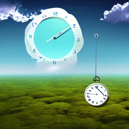 Prompt: a clock floating on an floating island, there are clouds around, it is on earth, on the background there are other floating islands too, floating at the ozone layer, cartoony, 4 k resolution, award winning