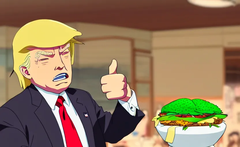 Image similar to beautiful makoto shinkai anime style digital film still portrait of donald trump giving a thumbs up behind a taco bowl, 4 k, 8 k, hd, high resolution, highly detailed, intricate detail, ultra realistic faces, digital art, trending on artstation, your name, weathering with you