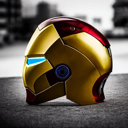 Prompt: iron man helmet is sitting on the white table, clear focus, bokeh effect, high res, hasselblad, dslr, professional, cinematic