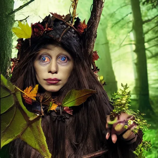 Image similar to a dnd deep gnome druid with leather clothing and leaves and sticks in her hair, photo by cindy sherman