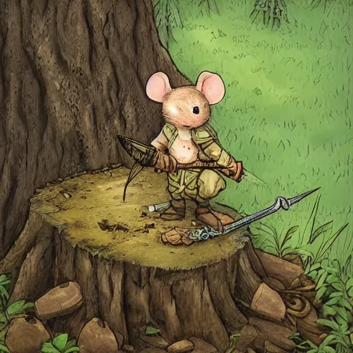 Prompt: Mouse Guard sits on a stump holding a sword, in deep forest, by rivuletpaper, rivuletpaper art, Mouse Guard by David Petersen, mouse photo, small details, realistic illustration, illustrations by Viktor Vasnetsov