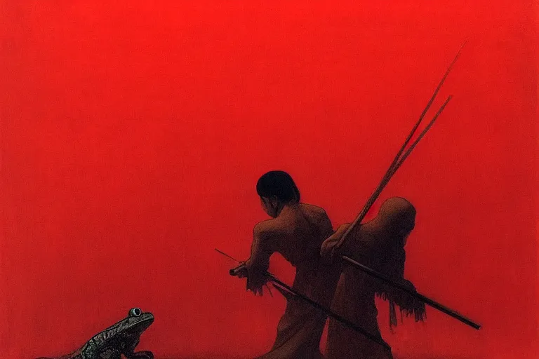 Image similar to only with red, a red samurai harakiri, tokio, a lot of frogs watch, in the style of beksinski, parts by edward hopper, parts by rodcenko, parts by yue minjun, intricate and epic composition, red by caravaggio, insanely quality, highly detailed, masterpiece, red light, artstation, 4 k