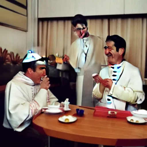 Prompt: the pope eating mc donalds with prime minister shinzo abe, photo by slim aarons, award winning