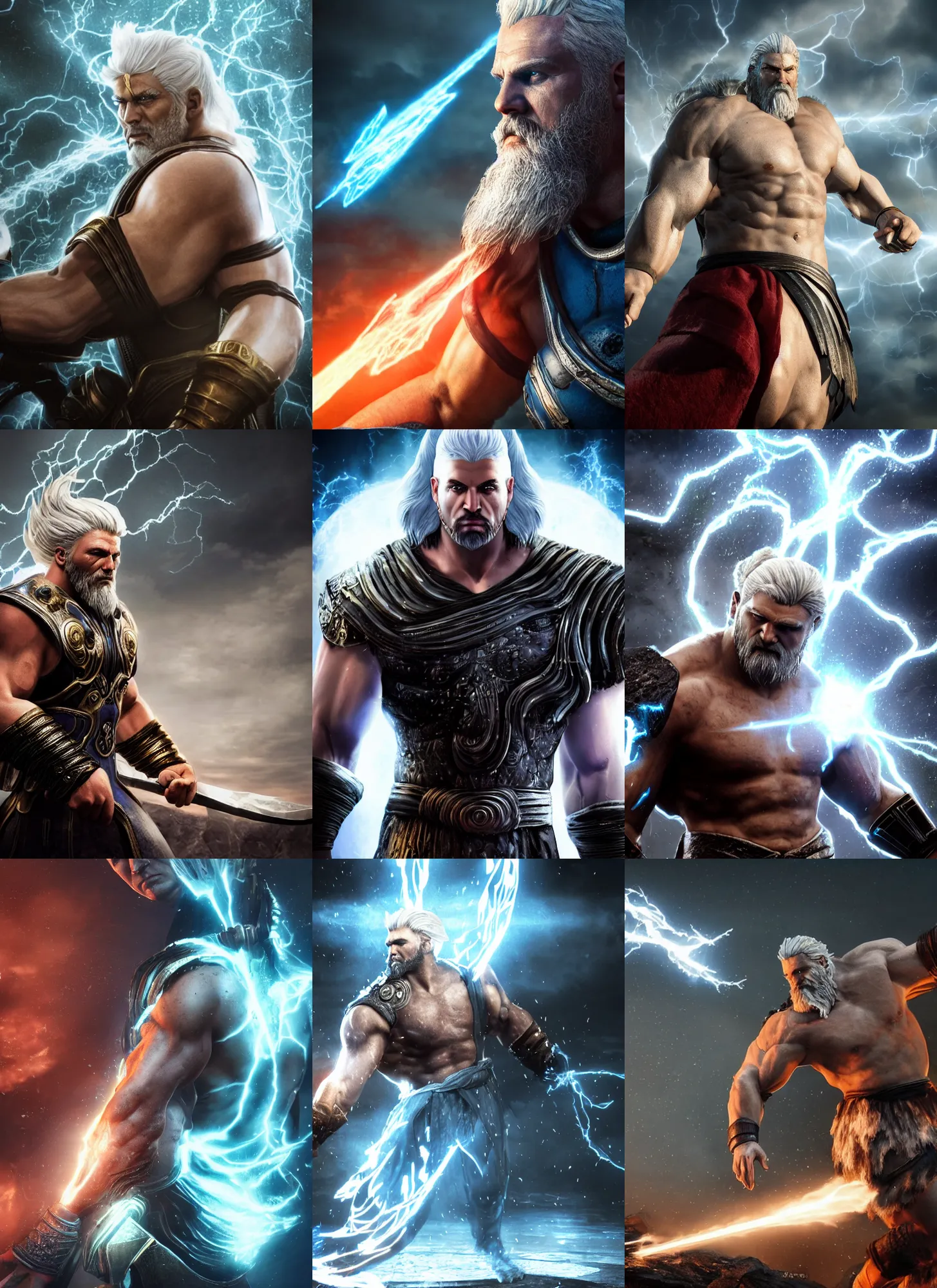 Prompt: zeus, god of thunder, greek god, white hair, powerful, in mortal kombat, gears of war, mythology, fantasy, splash art, movie still, cinematic lighting, dramatic, octane render, long lens, shallow depth of field, bokeh, anamorphic lens flare, 8 k, hyper detailed, 3 5 mm film grain