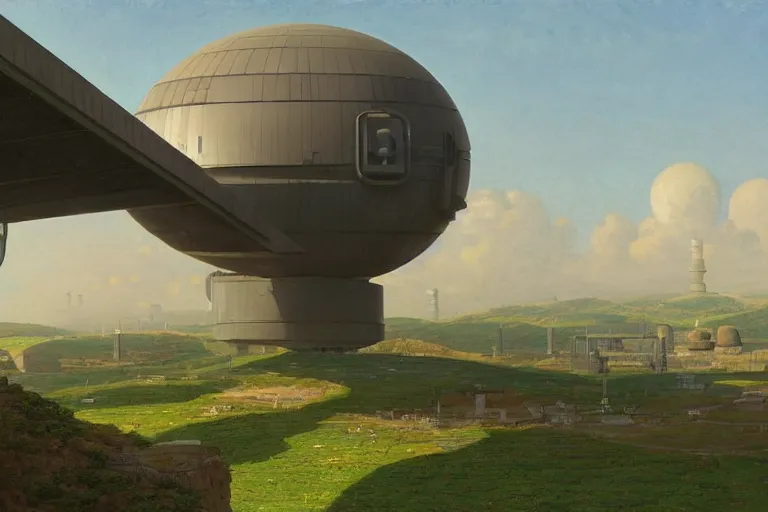 Image similar to an impressive science fiction big factory with a spherical architecture designed by boeing military and star wars with fat cables and pipes, on a beautiful green hill in a the french countryside during spring season, painting by studio ghibli backgrounds and louis remy mignot hd, nice lighting, smooth tiny details, soft and clear shadows, low contrast, perfect